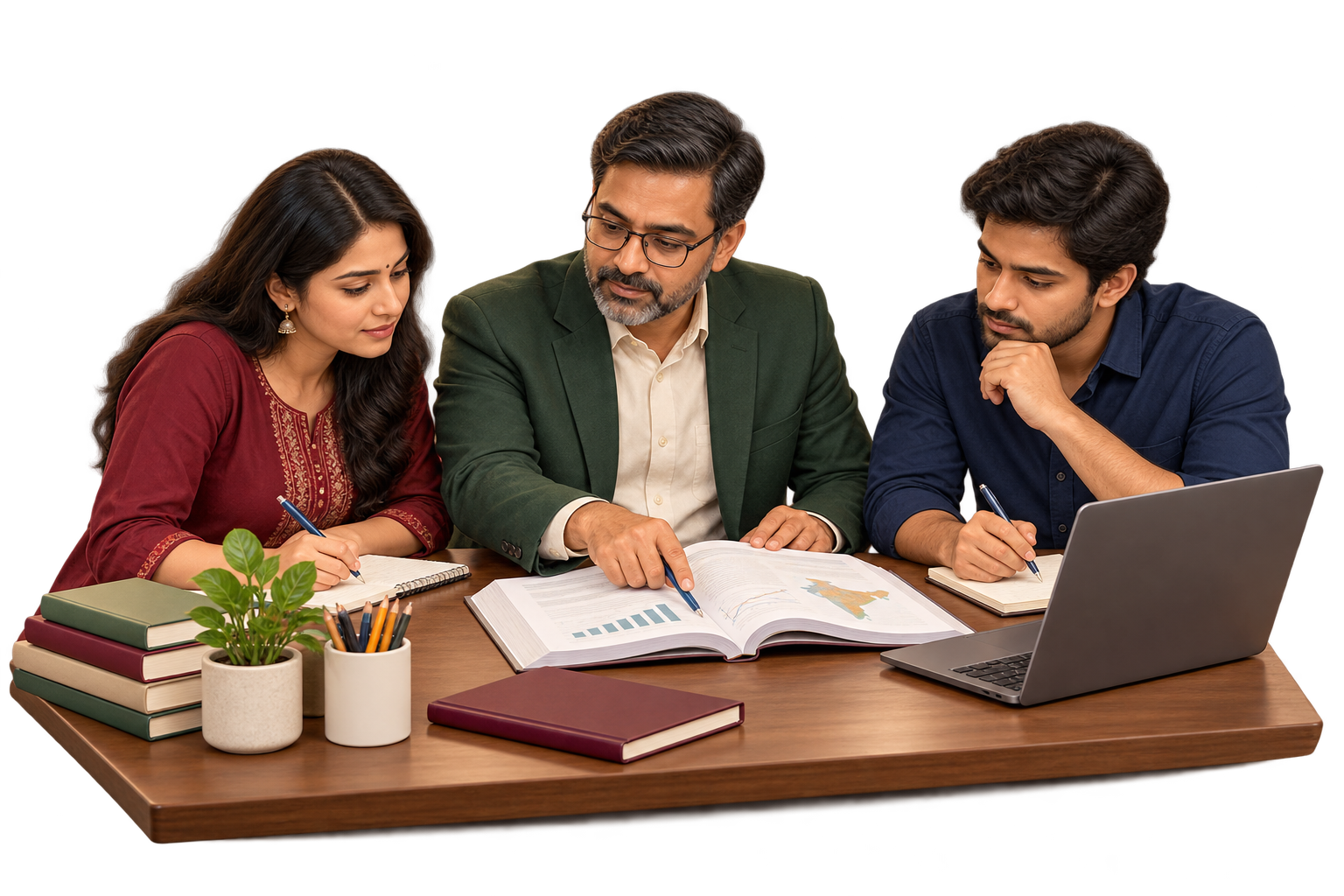 An economics tutor guiding two adult students through a study workbook at a desk