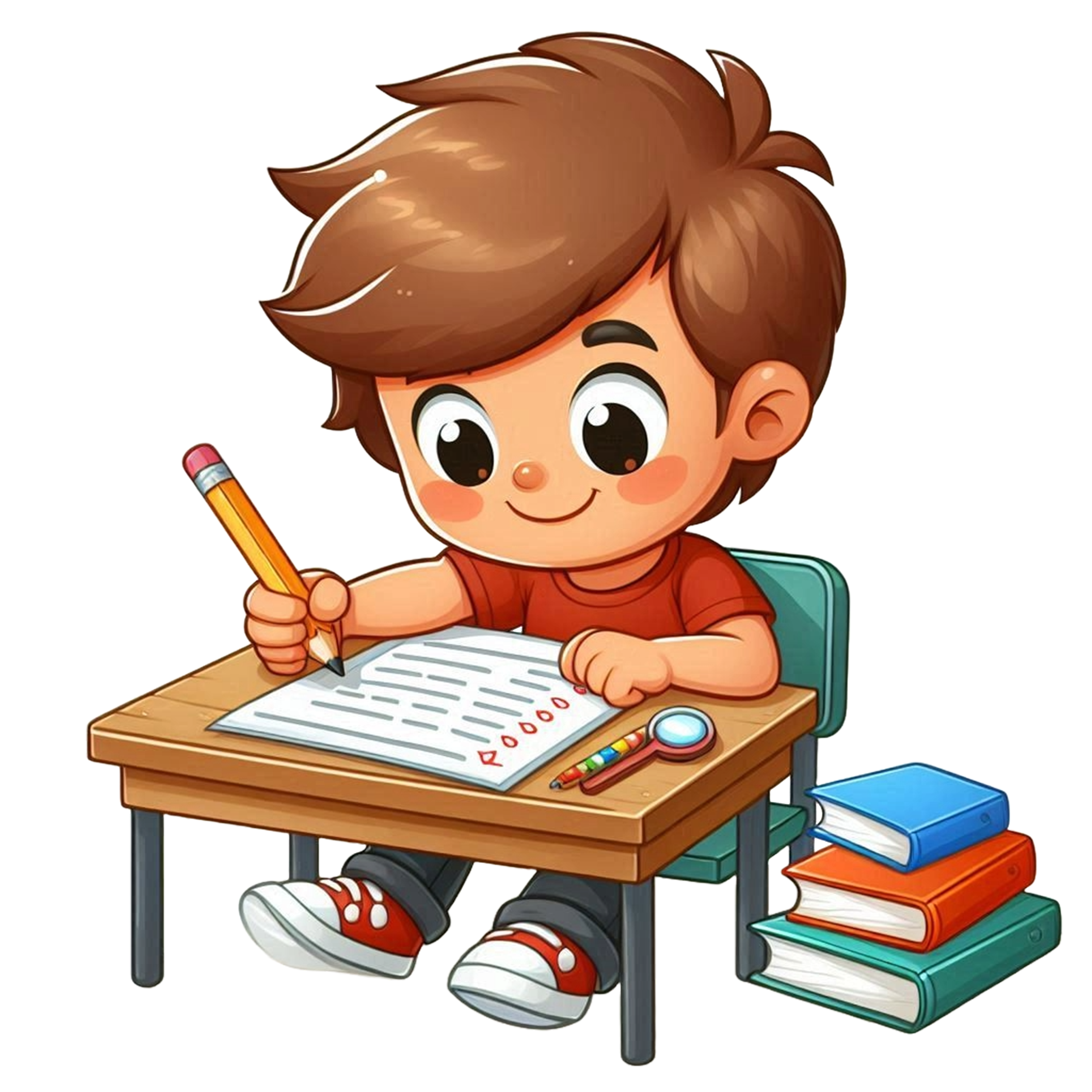 Illustration of a student working at a desk with books.